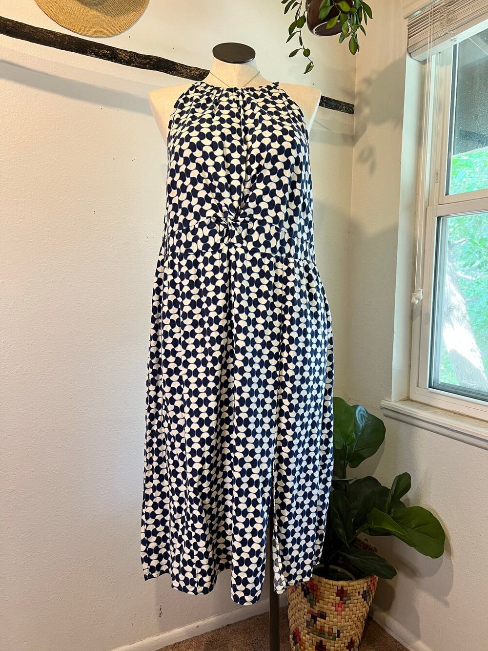 Ava & Viv Blue Linen Blend Mod Retro Print High Neck A Line Dress Size 2X